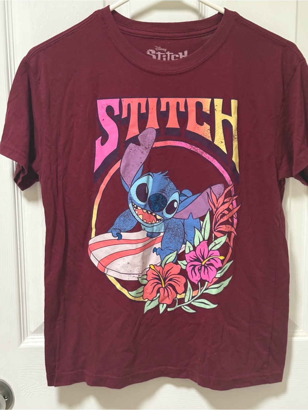 Disney Burgundy Stitch Logo Tee with White Print